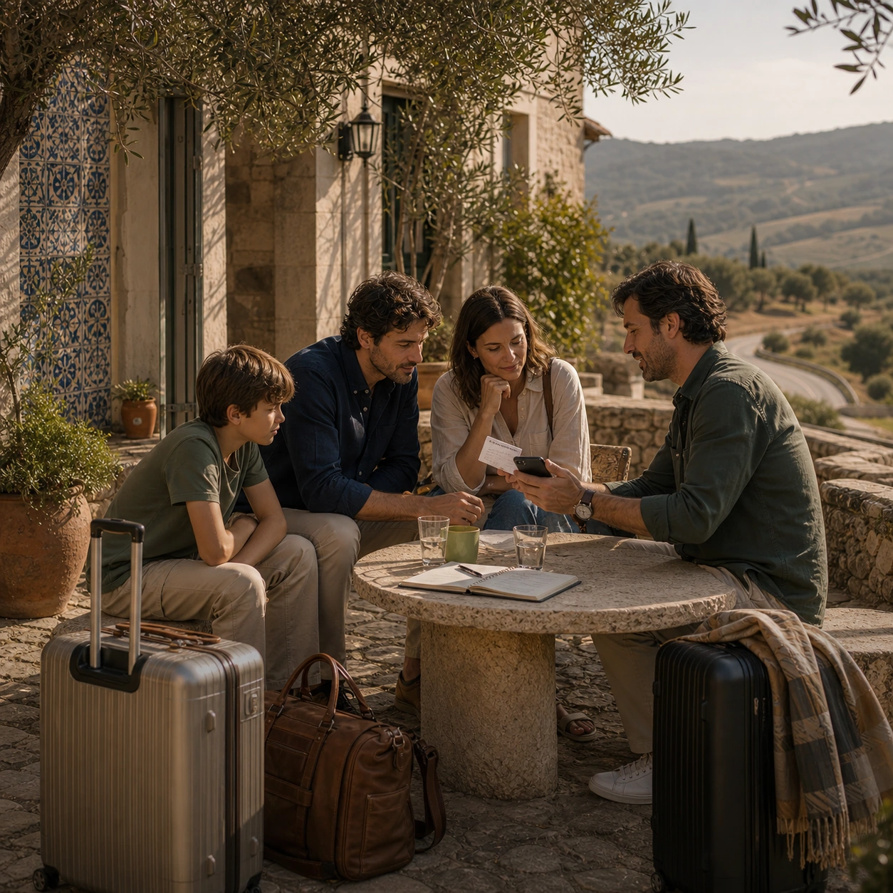 A local coordinator reviewing journey details with travellers in Portugal