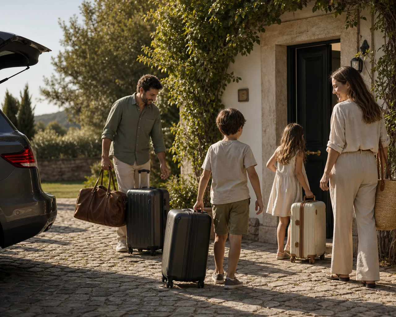 Family preparing for a private journey by car in Portugal