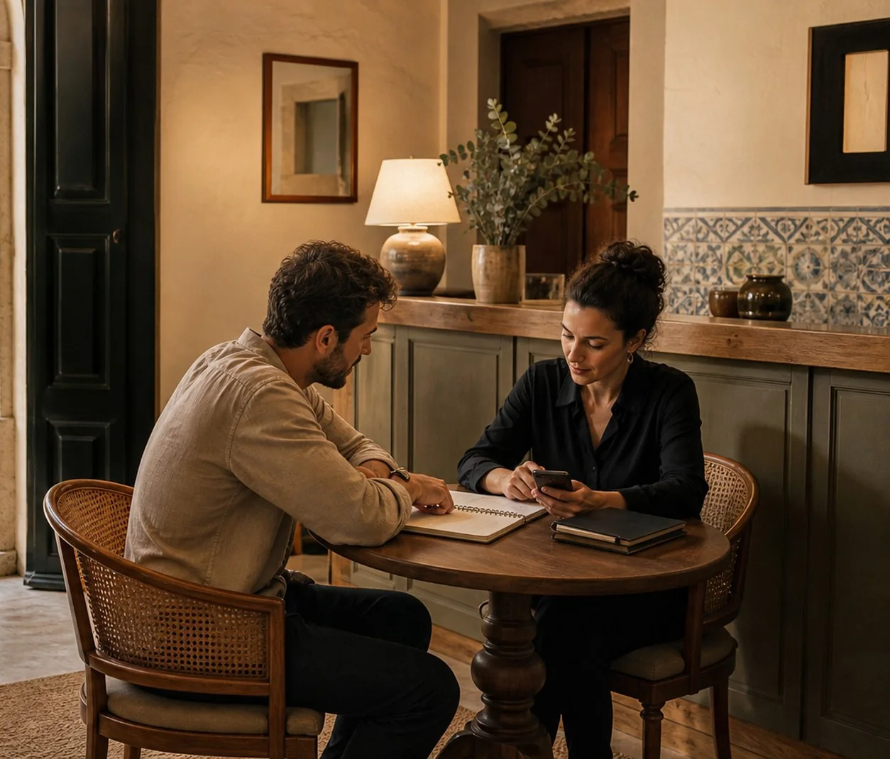 Two hospitality professionals discussing guest support in a calm Portuguese guesthouse setting